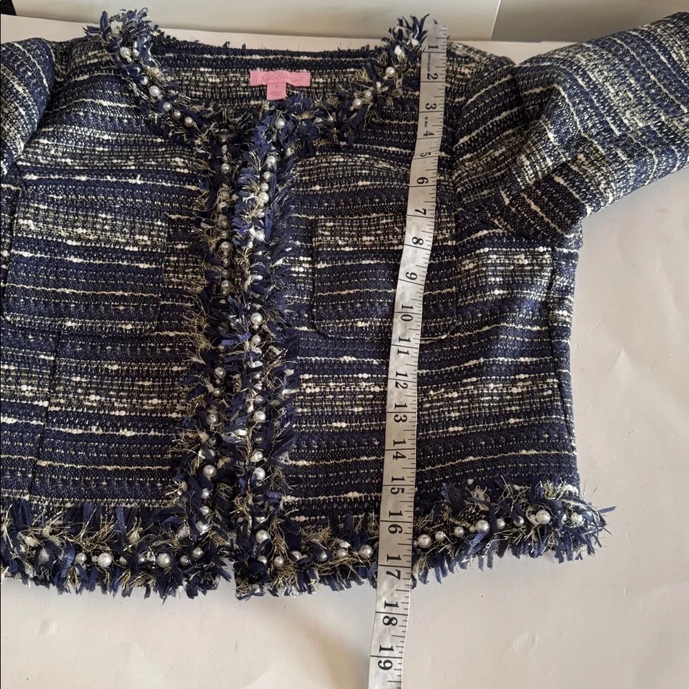 Lilly Pulitzer Hagen Metallic Navy Blue Tweed Cropped Blazer Jacket size 2 - Picture 11 of 11